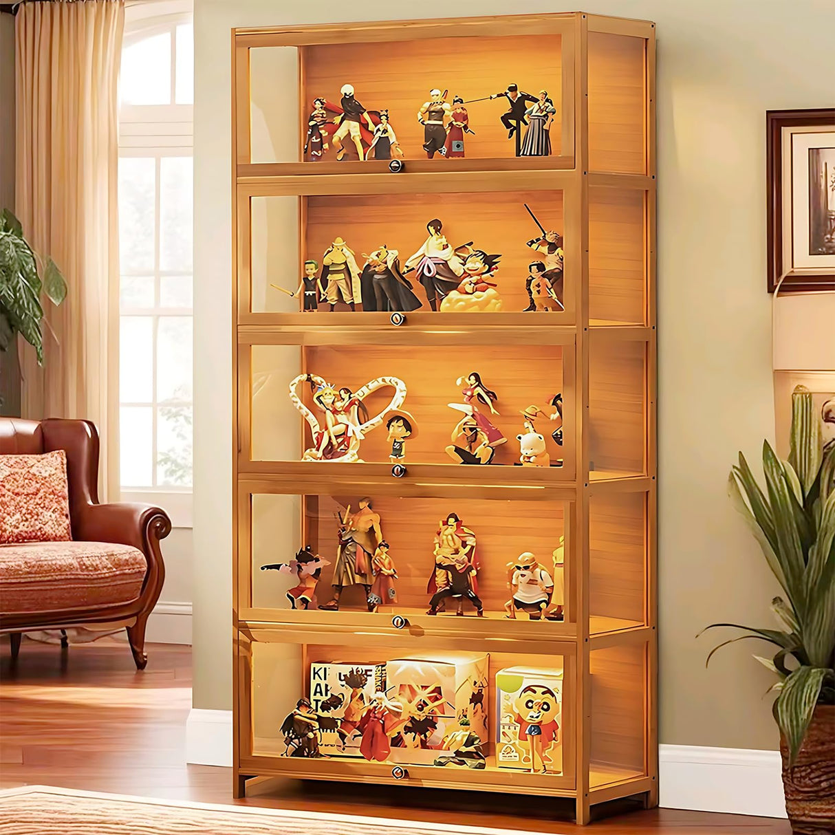 Curio Display Cabinet, 5 Tier Storage Shelves with Acrylic Glass Door, Transparent Bamboo Display Case for Figures, Display Shelves for Collectibles & Kids Bookcase for Home (Wooden Flip Door) iusyugh
