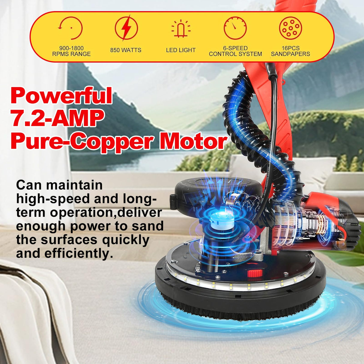 Drywall Sander, 850W Electric Drywall Sander with Vacuum Dust Collection, 7.2A Floor and Popcorn Ceiling Removal Tool, 6 Variable Speed 900-1800RPM, 16 Sanding Discs,Pure-Copper Motor, IP20 Waterproof SFESGRER