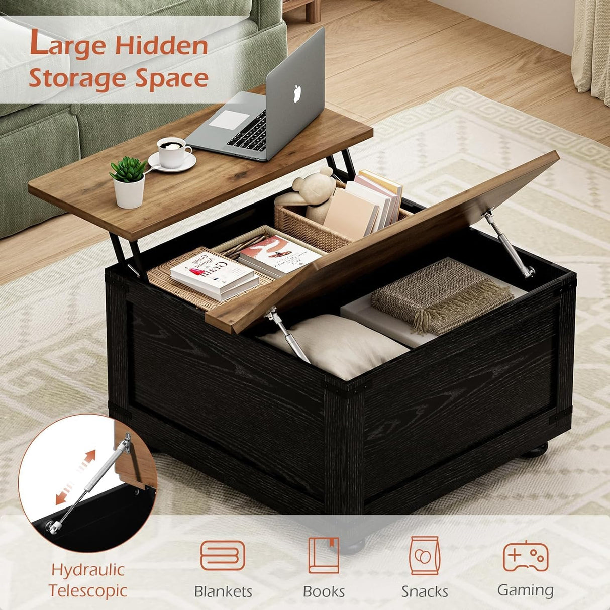 Farmhouse Lift Top Coffee Table with Storage, Black Lift Top Coffee Table with Hydraulic Gas Rod, Large Lift Square Top Coffee Table with Wood Gourd Feet, Coffee Table with for Living Room MaverickFurni