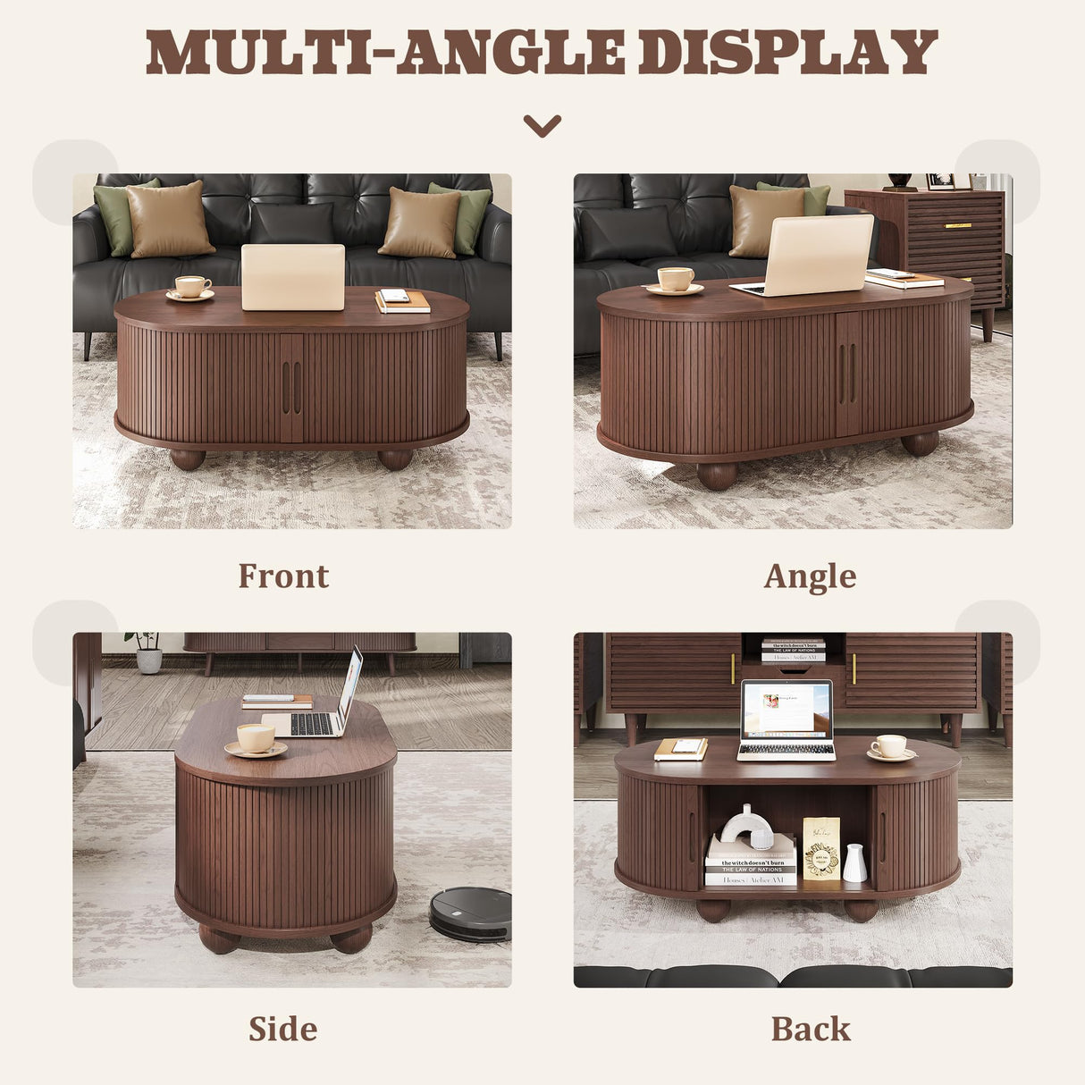 Alohappy Oval Coffee Table, Mid Century Modern Coffee Table with Sliding Tambour Doors, Fluted Center Table with Hidden Storage for Living Room, Dining Room, Apartment, Home Office, Dark Brown Alohappy