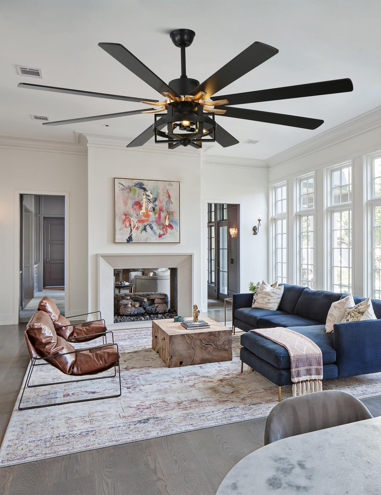 Curve Curio 65'' Black Ceiling Fan with Light, Large Industrial Ceiling Fans with Remote Control, 6-Speed Farmhouse Ceiling Fan with Remote for Bedroom Living Room (Black) Curve Curio