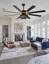 Curve Curio 65'' Black Ceiling Fan with Light, Large Industrial Ceiling Fans with Remote Control, 6-Speed Farmhouse Ceiling Fan with Remote for Bedroom Living Room (Black) Curve Curio