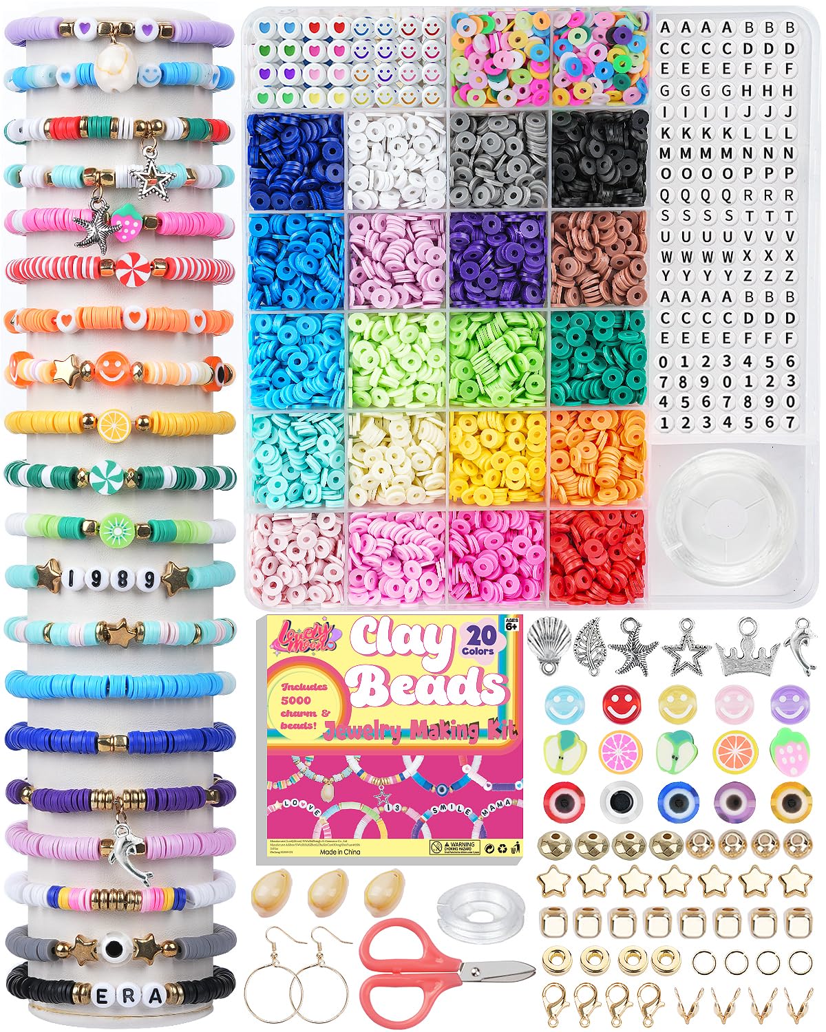 LovelyMoon Bracelet Making Kit 5000 Pcs Clay Beads Flat Preppy Beads for Friendship Jewelry Making Polymer Heishi Beads with Charms Gifts for Teen Girls Crafts for Girls Ages 6 7 8 9 10 11 12 LovelyMoon