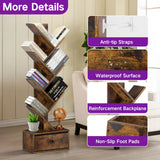 OUTONLIFE Tree Bookshelf with Drawer, 6 Tier Book Shelves, Narrow Floor Standing Bookcase, Corner Book Storage Rack for CDs/Movies/Books, Wood Bookshelves for Living Room, Home Office, Bedroom OUTONLIFE