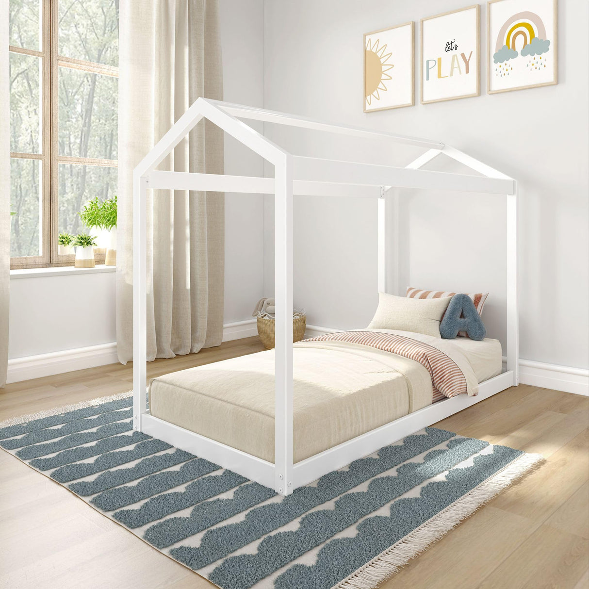 Max & Lily Twin Floor House Bed, Modern Solid Wood Low Bed Frame for Kids, Montessori Floor Bed for Bedroom, Playroom, Wooden Slats, White Max & Lily