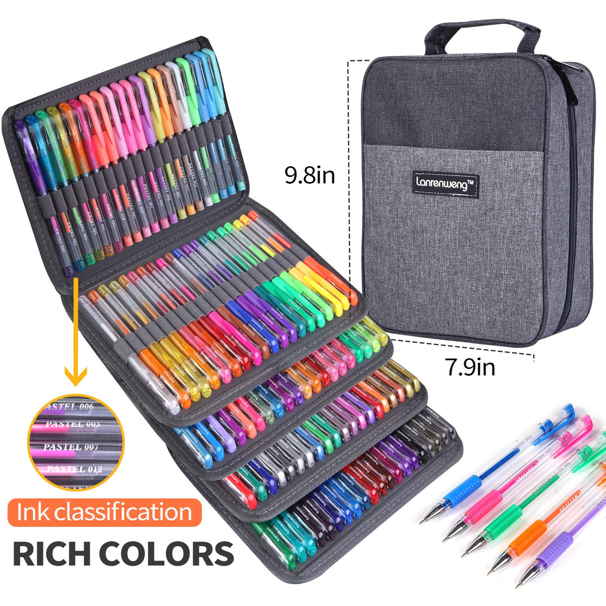 LANRENWENG 200 Pack Gel Pen Set 100 Colored Gel Pen with 100 Refills,Glitter Gel pens 40% More Ink with Canvas Bag for Kids Coloring Books Drawing Crafts Scrapbooks Journaling Planner LANRENWENG