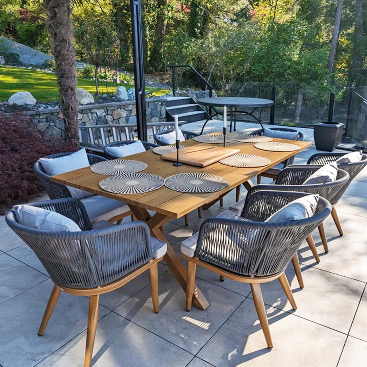 PURPLE LEAF 9 Pieces Patio Dining Set Wicker Outdoor Furniture Rectangular Table and Chairs Set for Garden Deck Teak-Finish Aluminum Frame Backyard Kitchen Set, Cushions and Pillows Included PURPLE LEAF