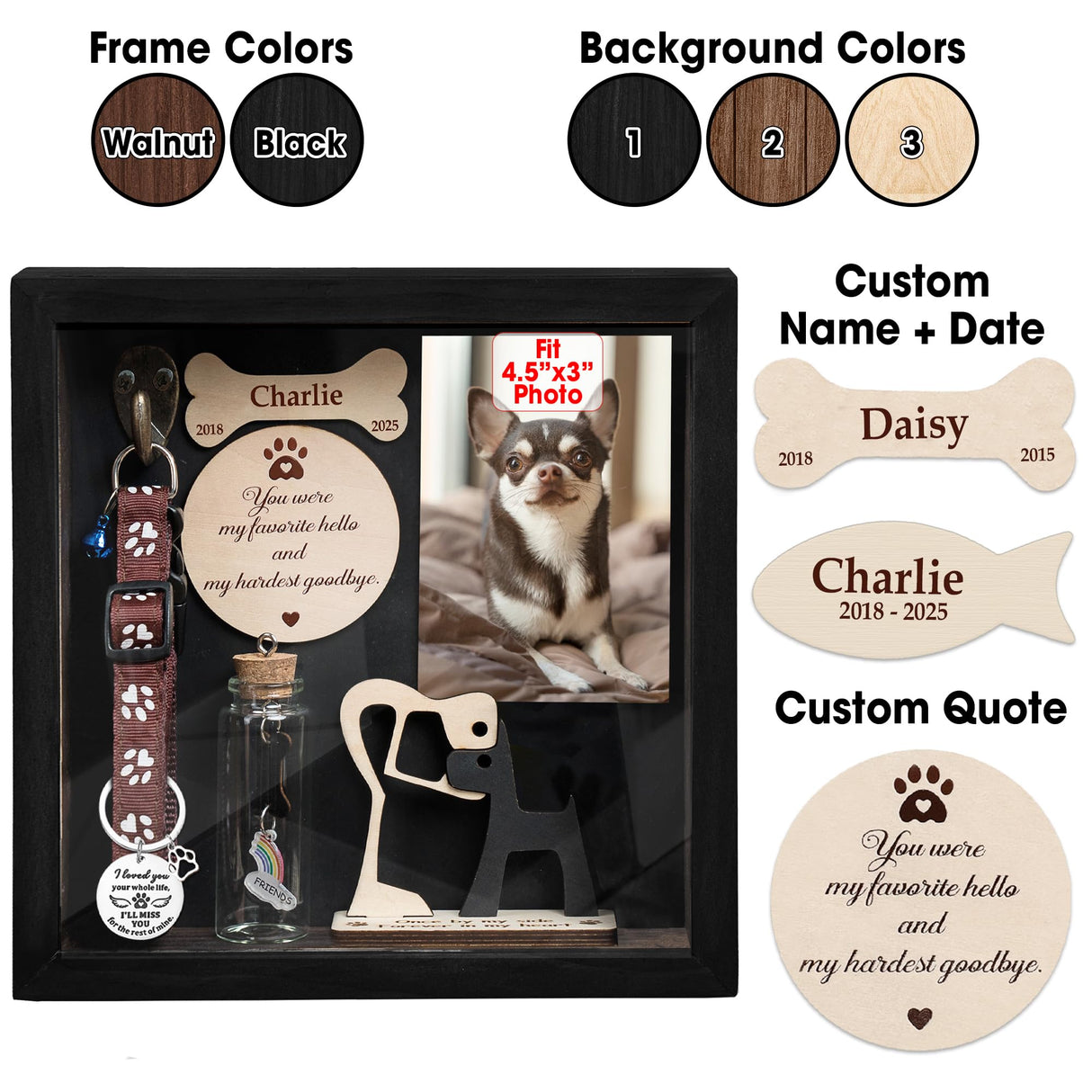 Personalized Shadow Box Dog Memorial Gift Collar Holder Picture Frame Sympathy Wood Pet Dog Cat Sculptures Fur Jar Rainbow Bridge Urns Teeth Keepsake Idea Gift for Pet Lover Tabletop Wall Hanging vinatimes