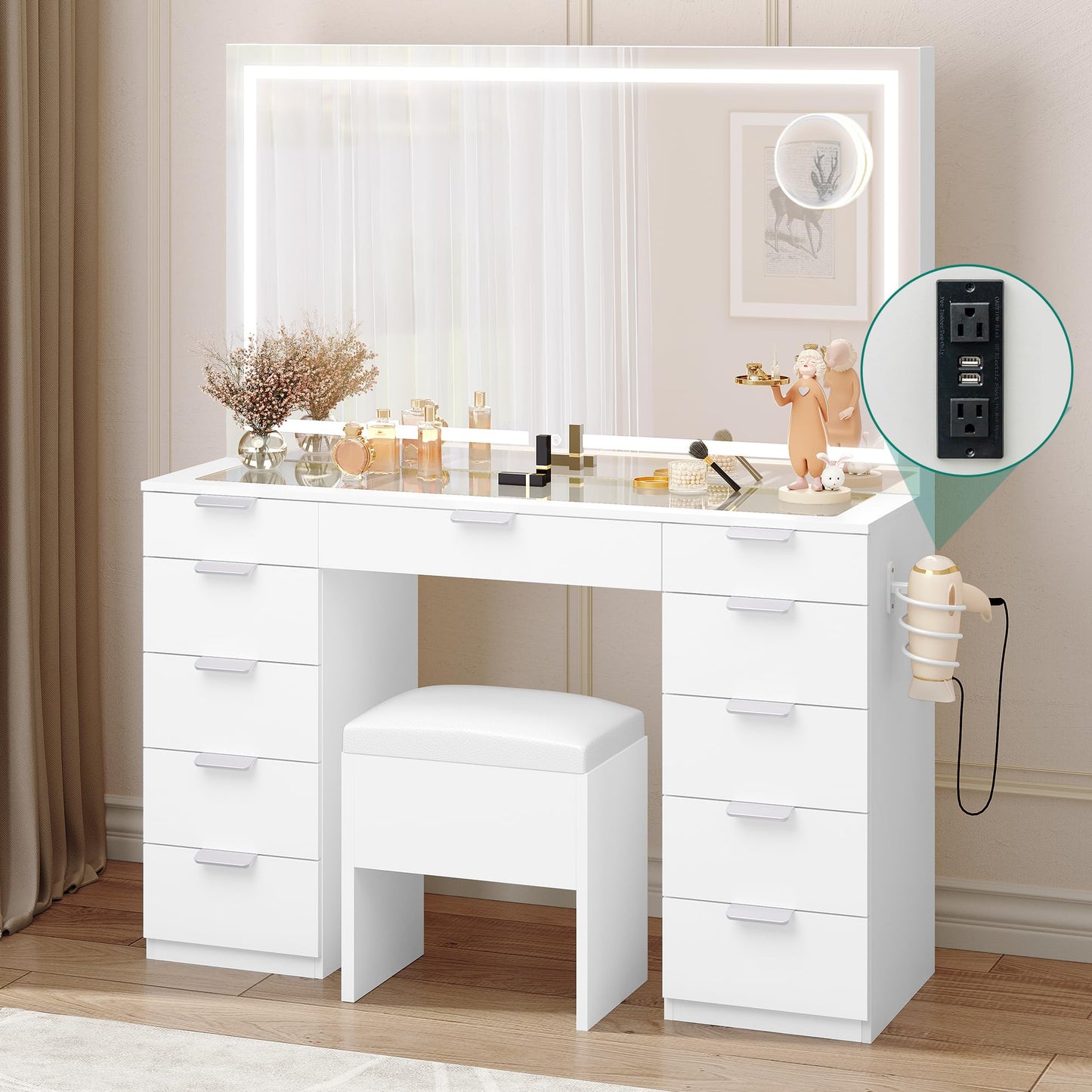 YITAHOME Vanity Desk Set with Large LED Lighted Mirror & Power Outlet, Glass Top Vanity with 11 Drawers and Magnifying Glass, 46'' Makeup Vanity with