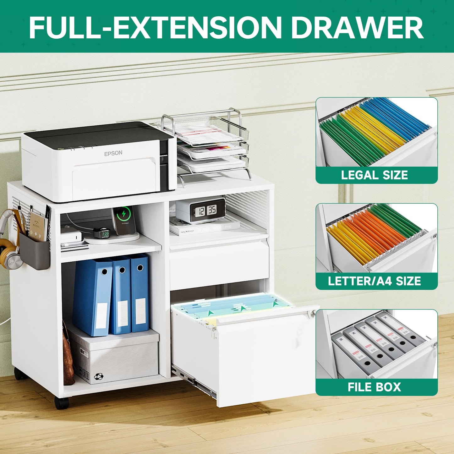 Letaya Mobile File Cabinet, Metal Lateral Rolling Printer Stand Filing Cabinets with Shelves for Home Office-Storage A4/F4/Letter/Legal (White) - WoodArtSupply