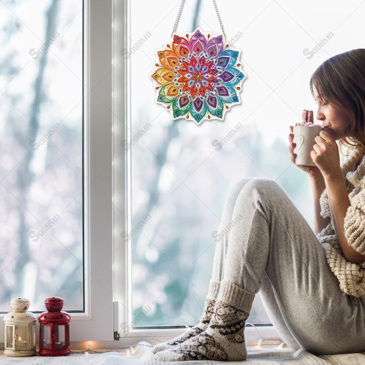 SOURMO Hanging Diamond Art Painting Pendant Mandala Pattern, DIY Double Sided Acrylic Diamonds Painting Board Kit for Adults (Mandala-1) SOURMO