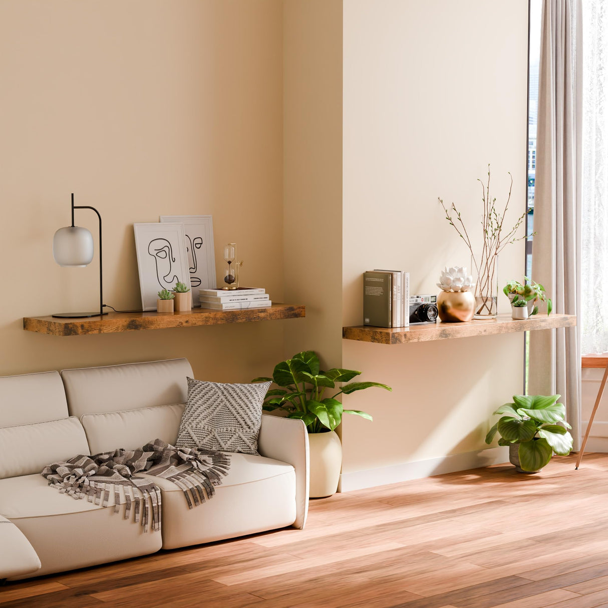 Sumbame 12 Inch Deep Floating Shelves, 48 Inch Fireplace Mantel Set of 2, Rustic Brown Hanging Shelf with Invisible Brackets, Display Shelves Wall Mounted for Bedroom, Kitchen, Office, Living Room Sumbame