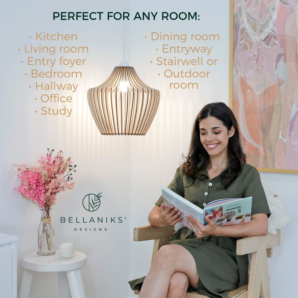 Bellaniks Wood Pendant Light - Easy-to-Assemble Ceiling Chandelier - Modern Boho Hanging Lamp Lighting Fixture for Dining, Kitchen, Bedroom, Living Room - Adjustable Nylon Cord, Uses Standard Bulb Bellaniks