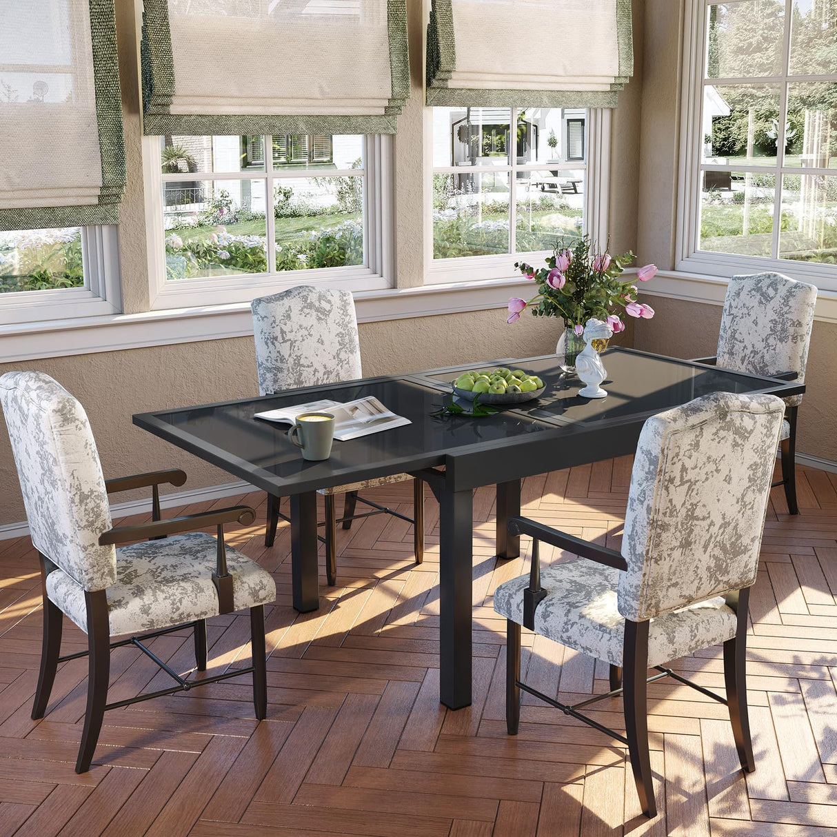 PATIOHIT Modern Aluminum Outdoor Dining Table - Expandable Patio Glass Dining Table for 6-8, Extendable Aluminum Patio Extender Table 35" to 70" for Backyard, Porch, Deck, Garden - Dark Grey PATIOHIT