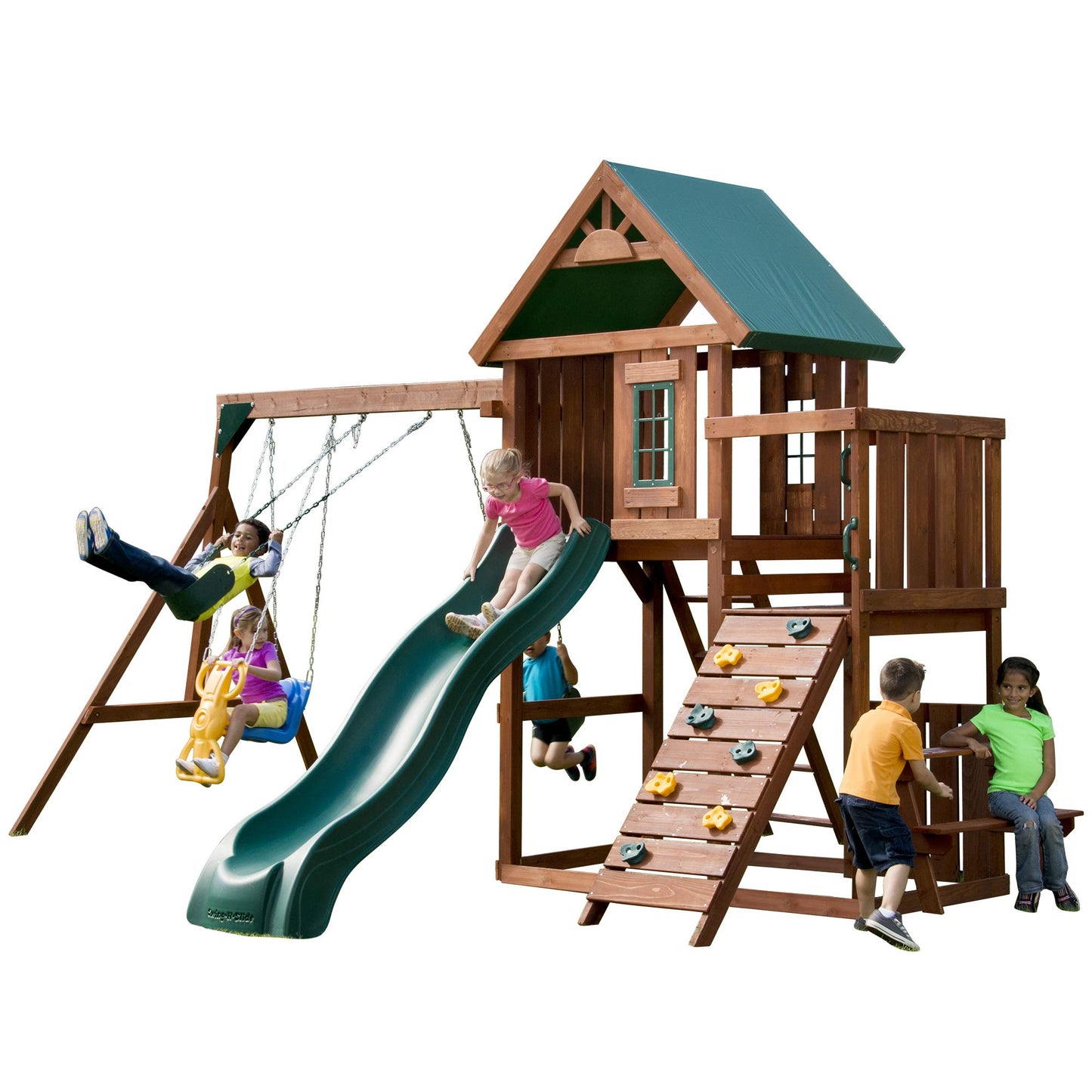 Swing-N-Slide PB 9241-1 Knightsbridge Wooden Swing Set with Slide, Swings, Glider, Climbing Wall, Green Slide - WoodArtSupply