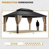 Devoko Outdoor Hardtop Gazebo Galvanized Steel Metal Gazebo Aluminum Frame Double Roof Outdoor Gazebo with Nettings and Curtains for Patios, Garden (12' x16' FT) Devoko