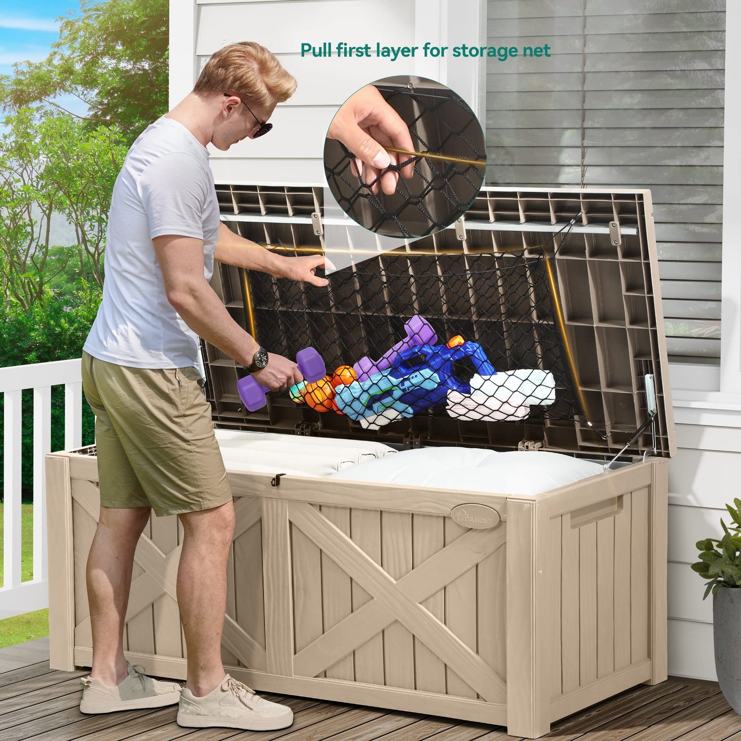 YITAHOME 120 Gallon Large Deck Box w/Flexible Divider & Storage Net, Resin Outdoor Storage Boxes, Waterproof Cushion Storage Bench for Patio, Pool Supplies, Garden Tools - Lockable, Light Bro - WoodArtSupply