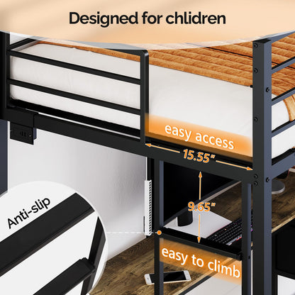 VINGLI Twin Metal Loft Bed Frame With 15" Safety Guardrail, Non-Slip Ladder, 2 Charging Stations, L-Shaped Desk, Storage Shelve, 4 Drawers, LED Lights, for Kids Boys Girls, No Box Spring Needed, Black