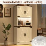 72" Tall Farmhouse Kitchen Pantry Cabinet with LED Light and Power Outlet,Modern Farmhouse Kitchen Storage Cabinet w Load-Bearing Steel Pipe,Barn Doors, Organizer,Food Pantry Cabinets(White) chartustriable