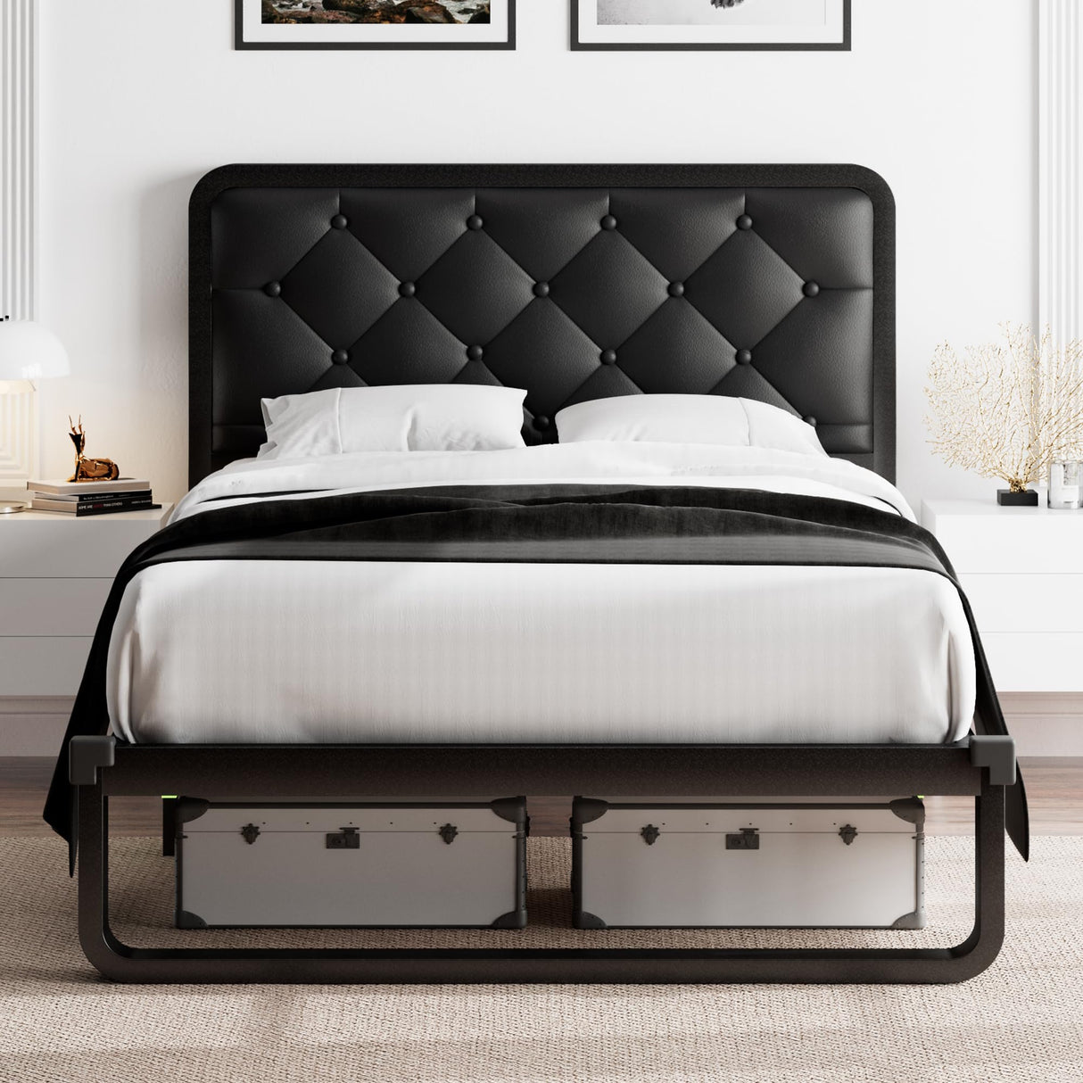 Feonase Twin Bed Frame, Upholstered Platform Bed Frame with Heavy-Duty Steel Slats, Diamond Tufted Headboard, 12" Storage Space, No Box Spring Needed, Noise Free, Easy Assembly, Black Feonase