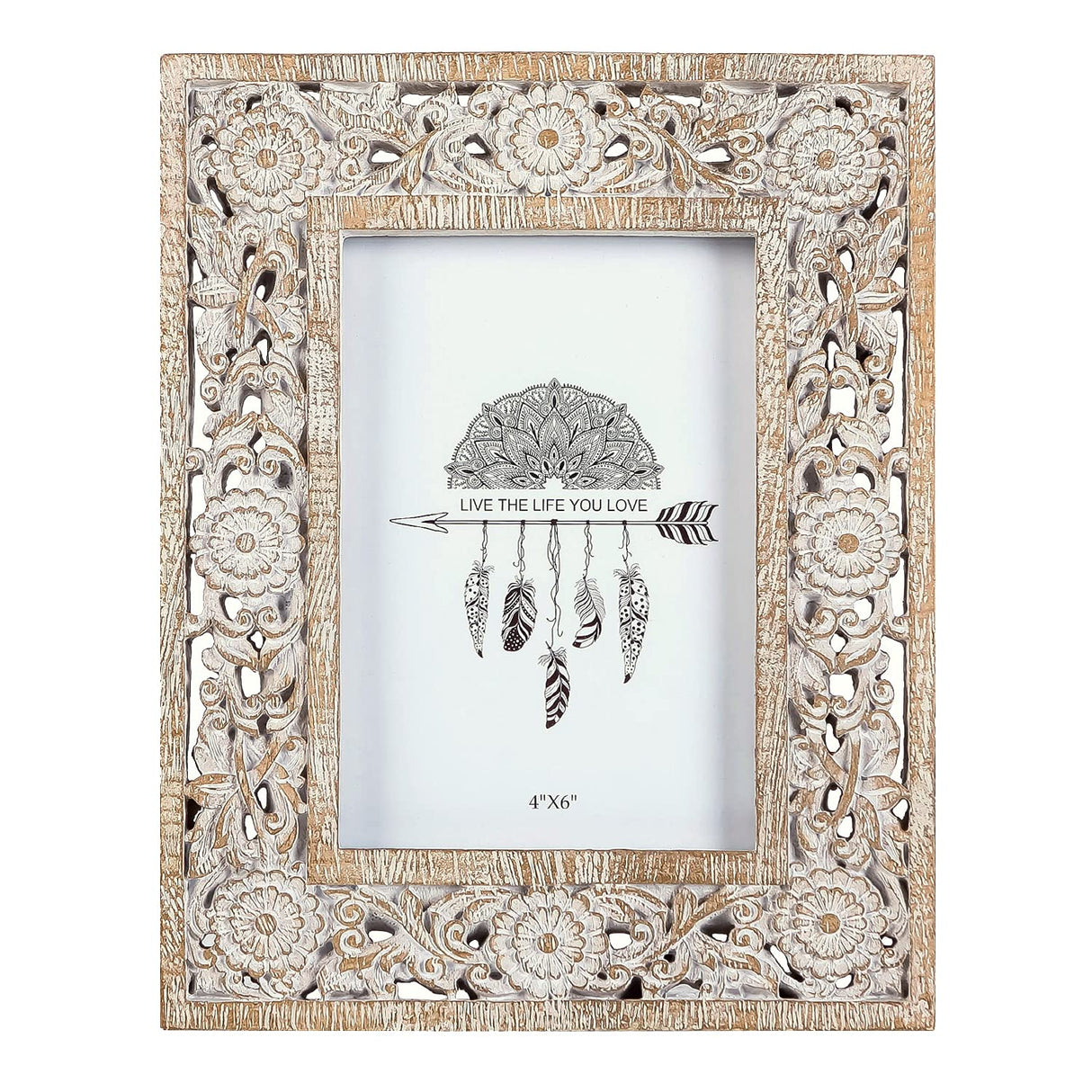 NIKKY HOME Farmhouse Boho Style Floral Picture Frame 4x6 Rustic Resin Photo Frame with Distressed White Finish, High Definition Glass for Wall and Table Top Display NIKKY HOME