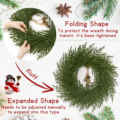 Dolicer Christmas Wreath - 24" Real Touch Norfolk Pine Wreath, Christmas Wreaths for Front Door Artificial Pine Green Wreath with Bell for Wall Windows Mantle Outdoor Outside Christmas Decoration