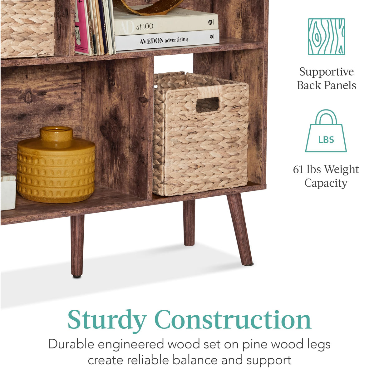 Best Choice Products 3-Tier Mid-Century Modern Wooden Bookcase, 6-Cube Organizer for Nursery, Kids Room, Living Room, w/Removable Back Panels, Pine Legs - Brown Best Choice Products