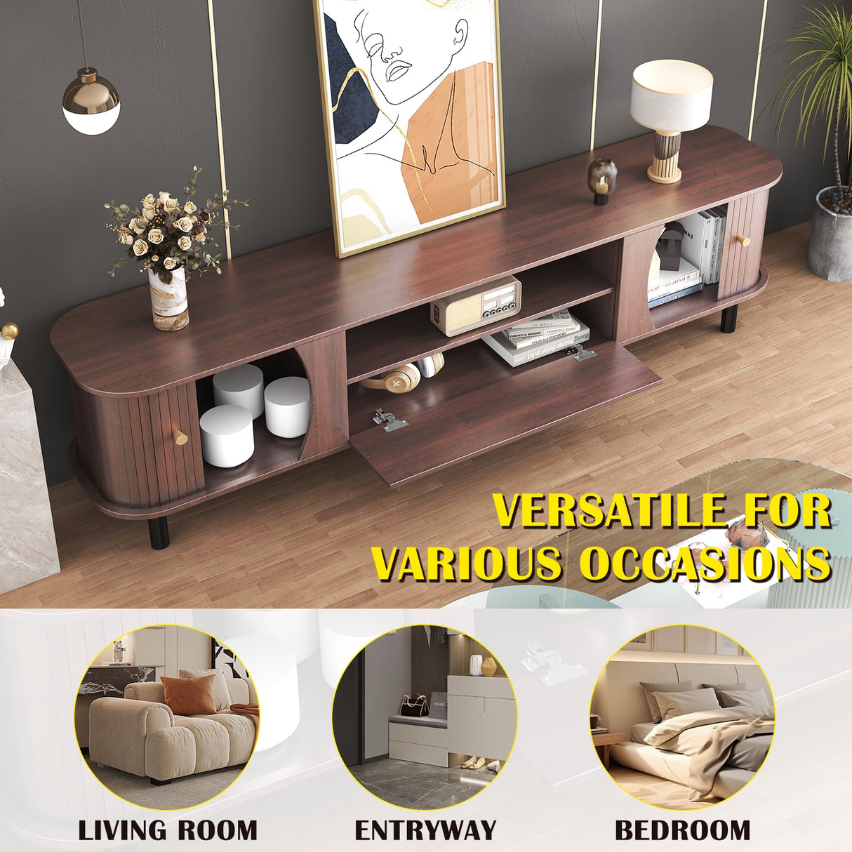 Fluted TV Stand - Modern Wooden Freestanding Entertainment Center Sliding Door TV Cabinet | Farmhouse Curved Round Edge TV and Media Console Table with Storage，Up to 80 inch TVS EXQUAL