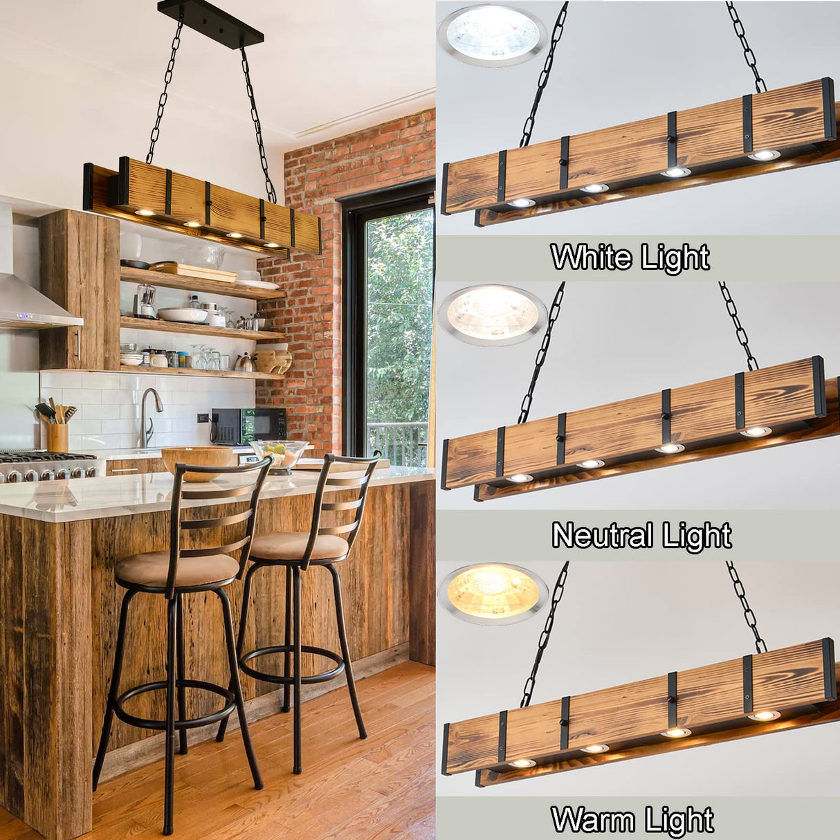 GUINGFBFIO Rustic Chandelier Farmhouse, Dining Room Light Fixtures Over Table with 4X3W LED Downlight, Wood Beam Light Fixture for Kitchen Island Bar Pool Table GUINGFBFIO