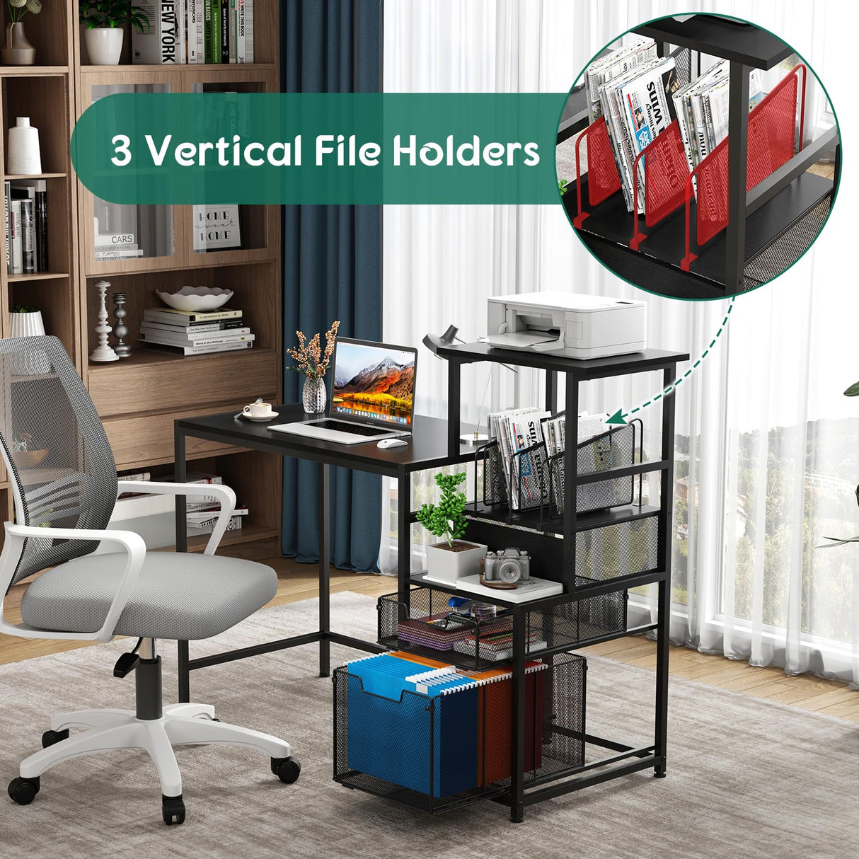 Sbanmao Computer Desk with Drawers and Storage Shelves, 47 Inch Home Office Desks with Mesh File Drawers Cabinet for Small Space,Gaming Study Writing Table for Bedroom,Black Sbanmao