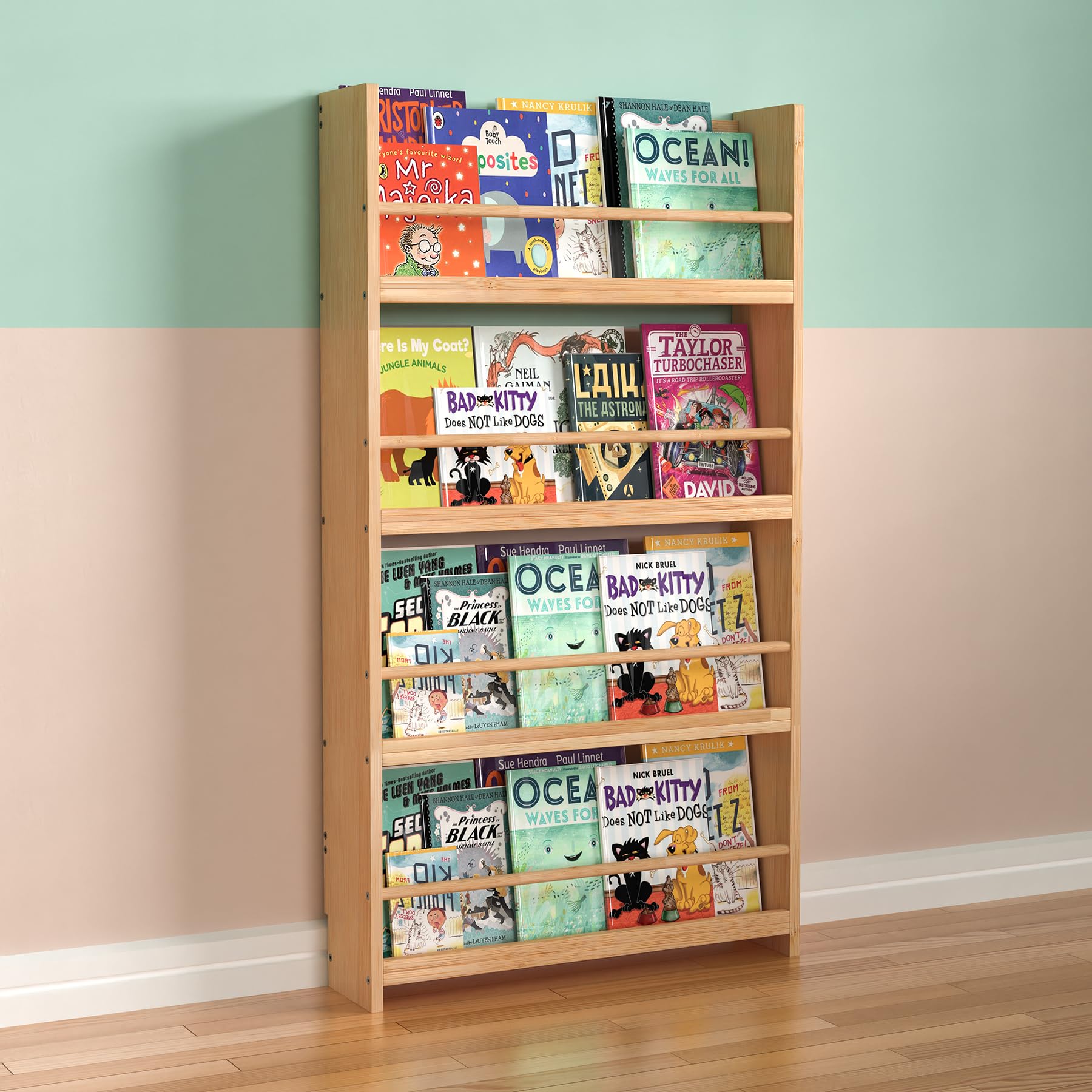 Purbambo 4-Tier Wall-Mounted Bamboo Bookshelf for Kids' Organised Reading Space - WoodArtSupply