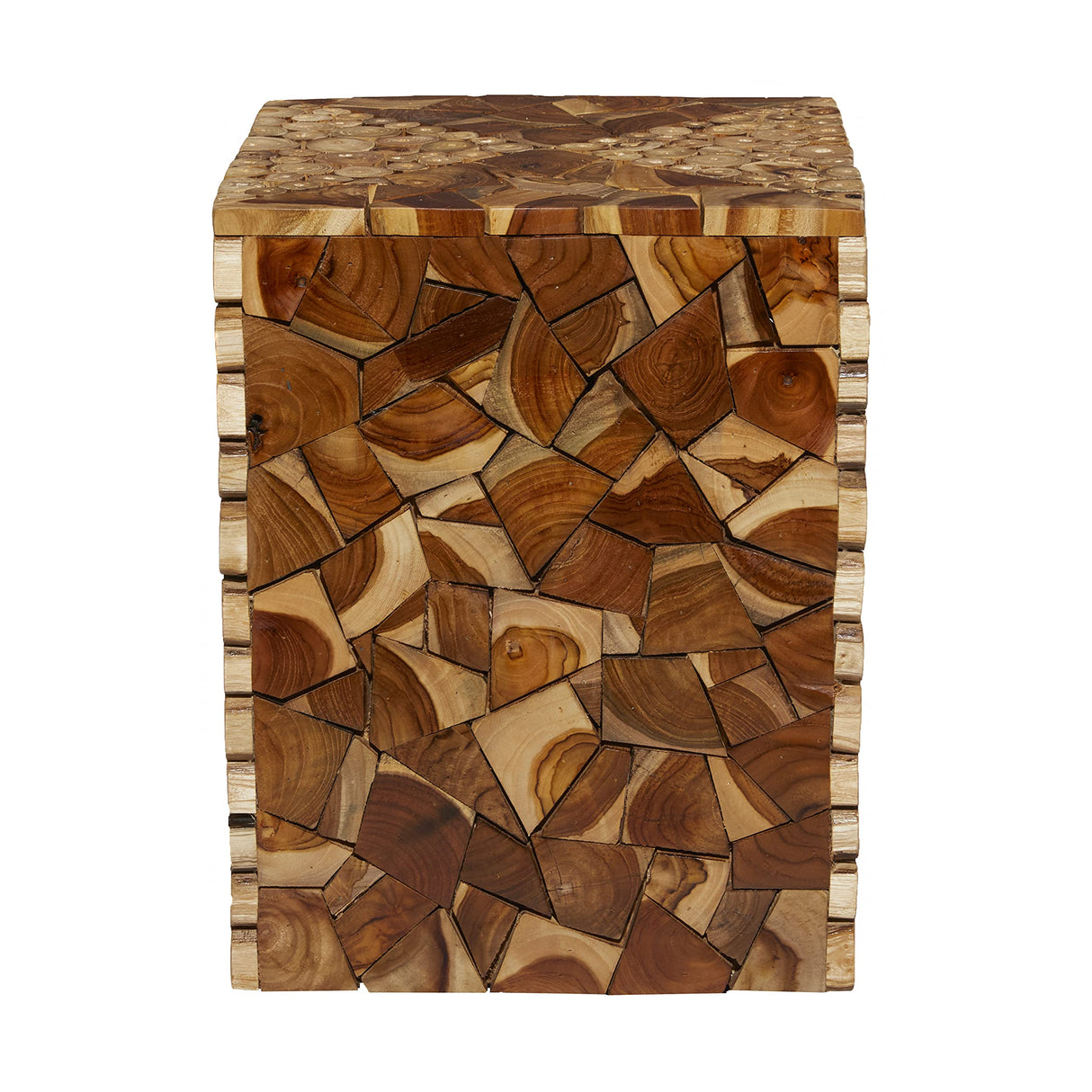 Deco 79 Teak Wood Handmade Side End Accent Table End Table with Mosaic Wood Chip Design, Side Table 14" x 14" x 18", Brown Deco 79