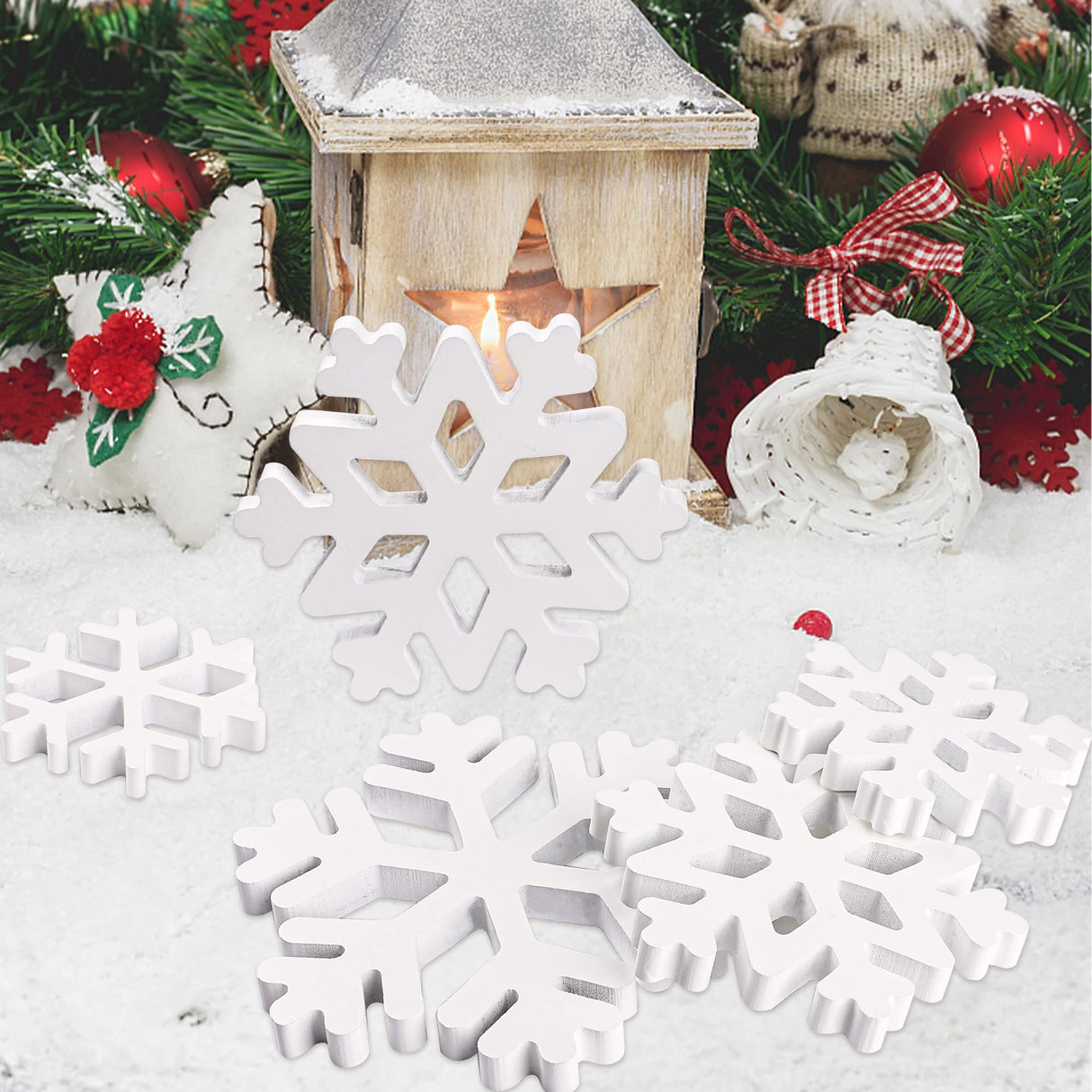 5 Pieces Christmas Wooden Snowflake Decor Winter Snowflake Wood Blocks White Snowflake Table Wood Signs Winter Tiered Tray Wooden Signs for Xmas Party Farmhouse Home Tabletop Shelves Augisteen