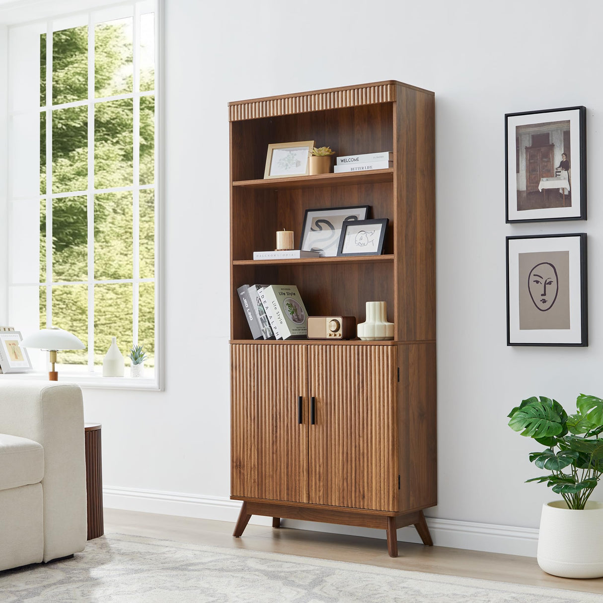 68" Fluted Tall Bookcase with Storage Cabinet,Mid-Century Modern 5-Tiers Arched Bookshelf Cabinet with Doors, Arched Bookcase with Open Display Storage Shelf for Home Office Bedroom Living Room,Walnut XUZENEST