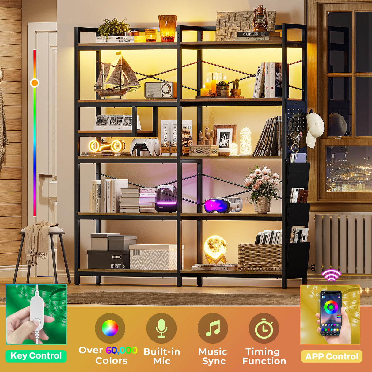 Itaar 5-Tier Convertible Corner Bookshelf with LED Light, Pegboard & Storage Bag in Rustic Brown Itaar