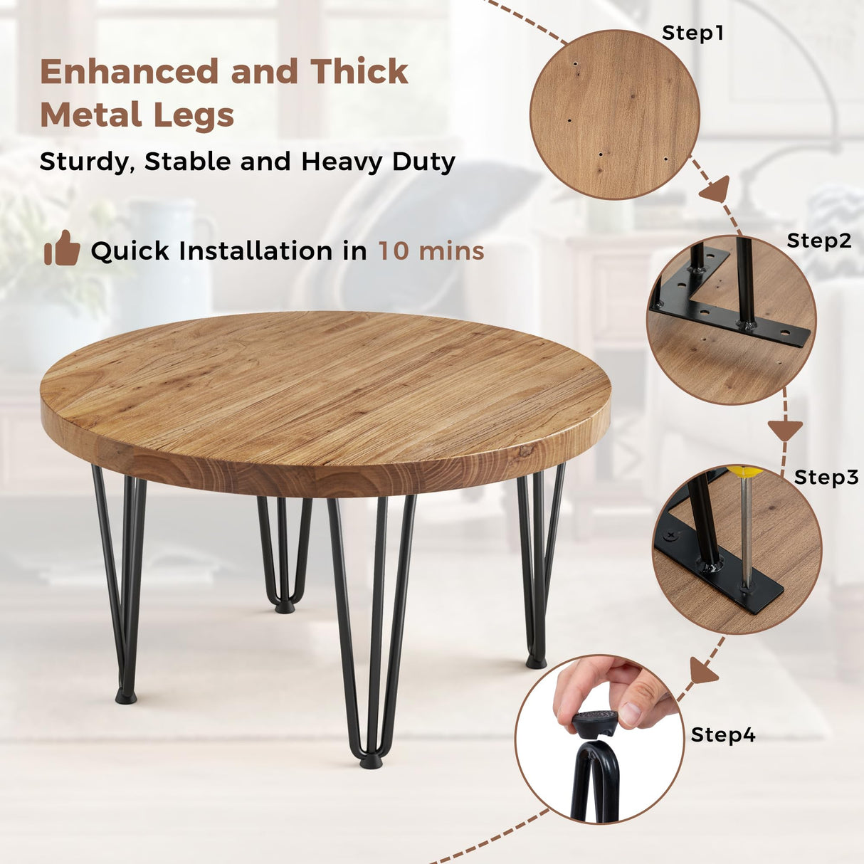 FLYJOE Rustic Wood Round Coffee Table with Metal Legs, Solid Elm Wood Top and Non-Slip Feet Pads - Farmhouse Style for Living Room, Natural FLYJOE