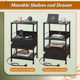 WLIVE Night Stand with Charging Station, LED Nightstand with Adjustable Fabric Drawer, 3-Tier Storage Bedside Table, Small End Side Tables for Bedroom, Black WLIVE