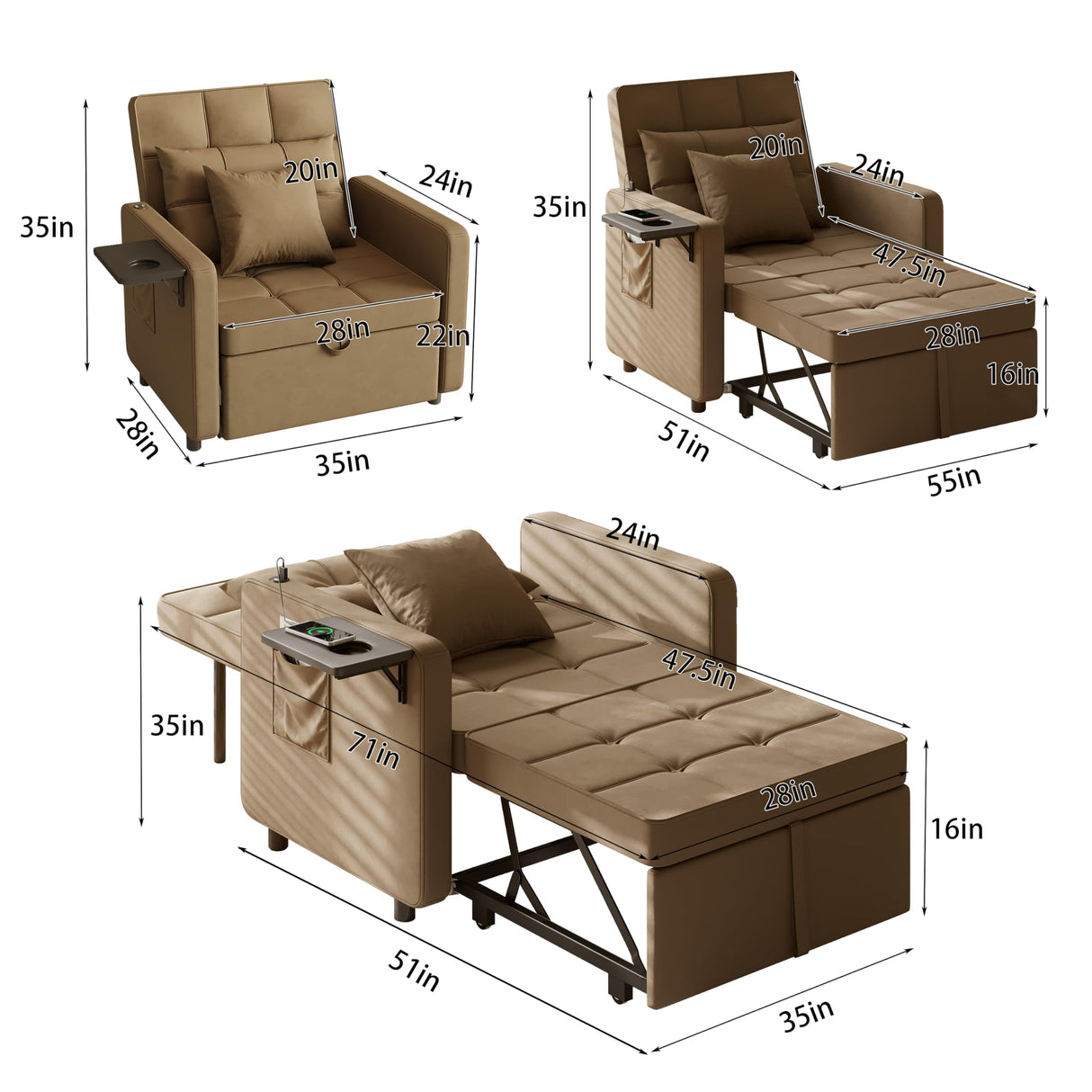 Vabches Sofa Bed Chair with Wing Table and USB Ports Outlet, 3-in-1 Sofa Chair Bed Couches with Two Pillows, Velvet Sleeper Chair with Adjustable Backrest, Easy Assembly, Brown Vabches