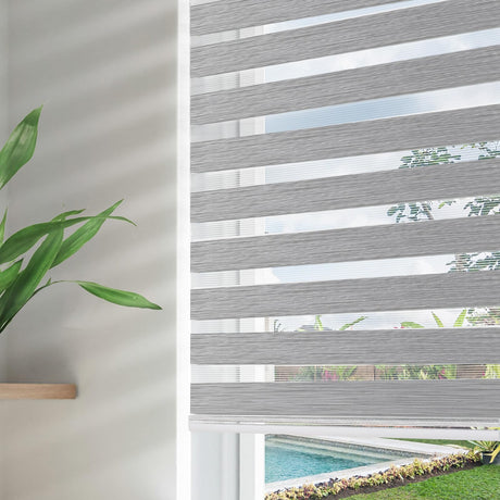 Joydeco Cordless Zebra Blinds for Windows, Dual Layer Free-Stop Zebra Shades Privacy Light Control for Day and Night, Light Filtering Sheer Blinds for Indoor Windows (Grey, 28" W x 75" H) Joydeco