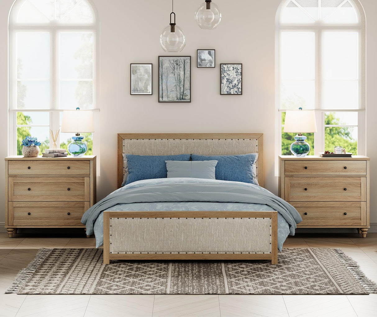 WAMPAT Farmhouse Nightstand with 3 Drawers, Set of 2 Large 3 Drawers Wood Bedside Table Night Stand, Wide Sofa Side End Table Chest of Dresser for Living Room, Bedroom, Oak, 34 inch WAMPAT