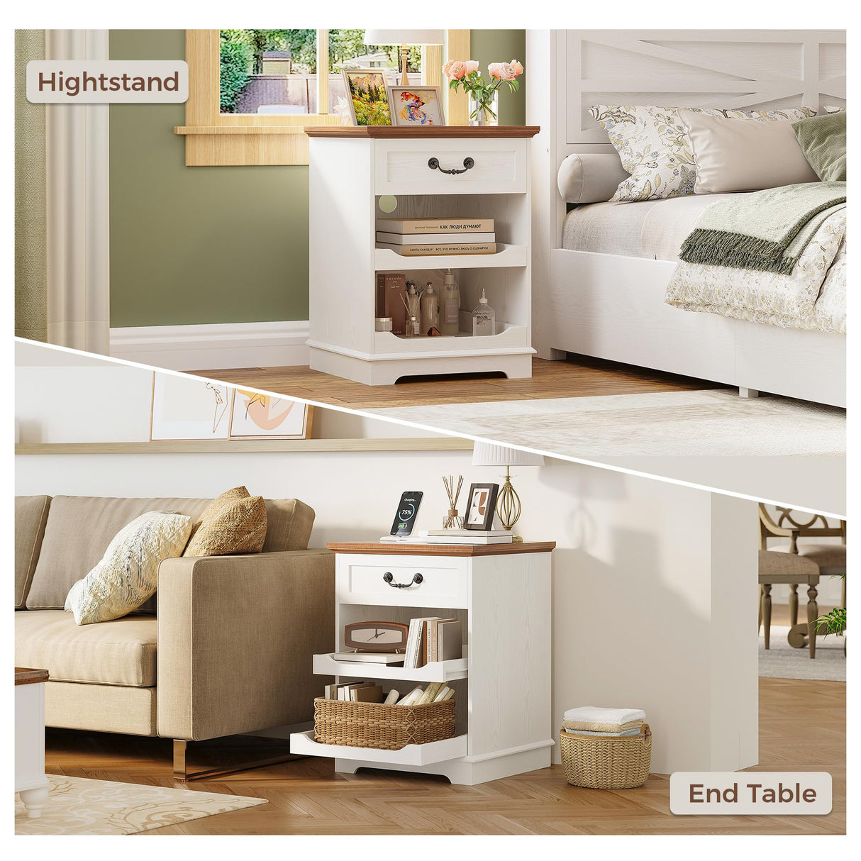 IRONCK Farmhouse Nightstand with Charging Station, Wooden Nightstands with Drawers, Bedside Table with Adjustable Storage Shelves for Bedroom, White IRONCK