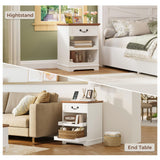 IRONCK Farmhouse Nightstand with Charging Station, Wooden Nightstands with Drawers, Bedside Table with Adjustable Storage Shelves for Bedroom, White IRONCK