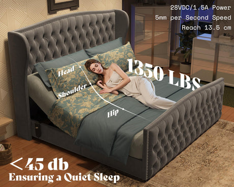 AMERLIFE King Size Adjustable Bed Frame with 51" H Velvet Upholstered and Deep Button Tufted Headboard, Electric Bed with Dual Motor/Nailhead Trim Wingback, No Box Spring Needed, Grey AMERLIFE