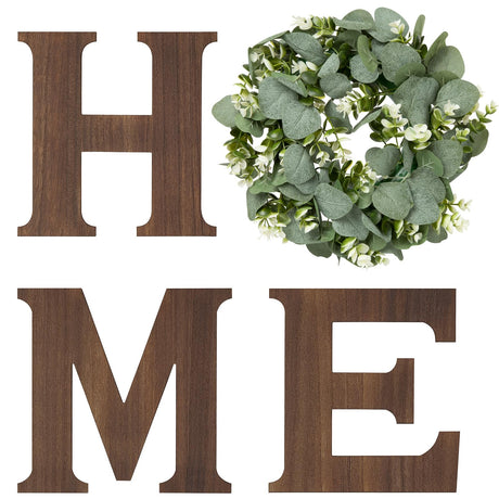 Mkono Farmhouse Wall Home Sign with Artificial Eucalyptus for O Rustic Wooden Hanging Letters Decorative Wall Art Decor for Living Room Kitchen Entryway Housewarming Gift, Brown Mkono