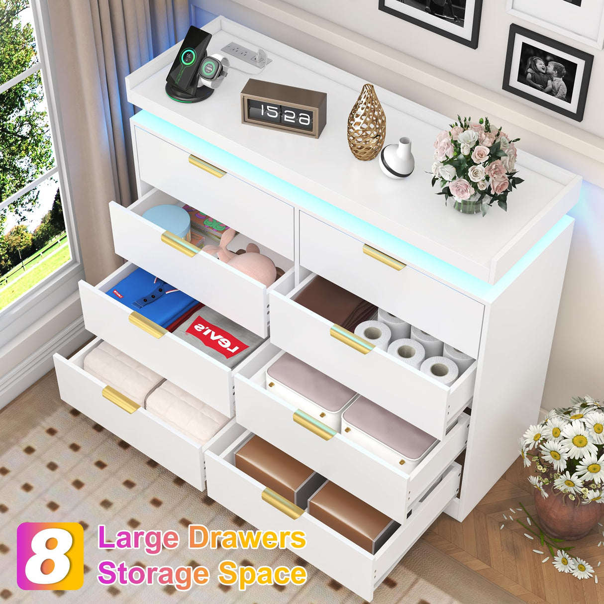 knoworld 8 Drawer Dressers for Bedroom, White Dresser with LED Lights and Power Outlet, Wood LED Dresser, Double Wide Modern Chest of Drawers for Bedroom, Entryway, Hallway knoworld