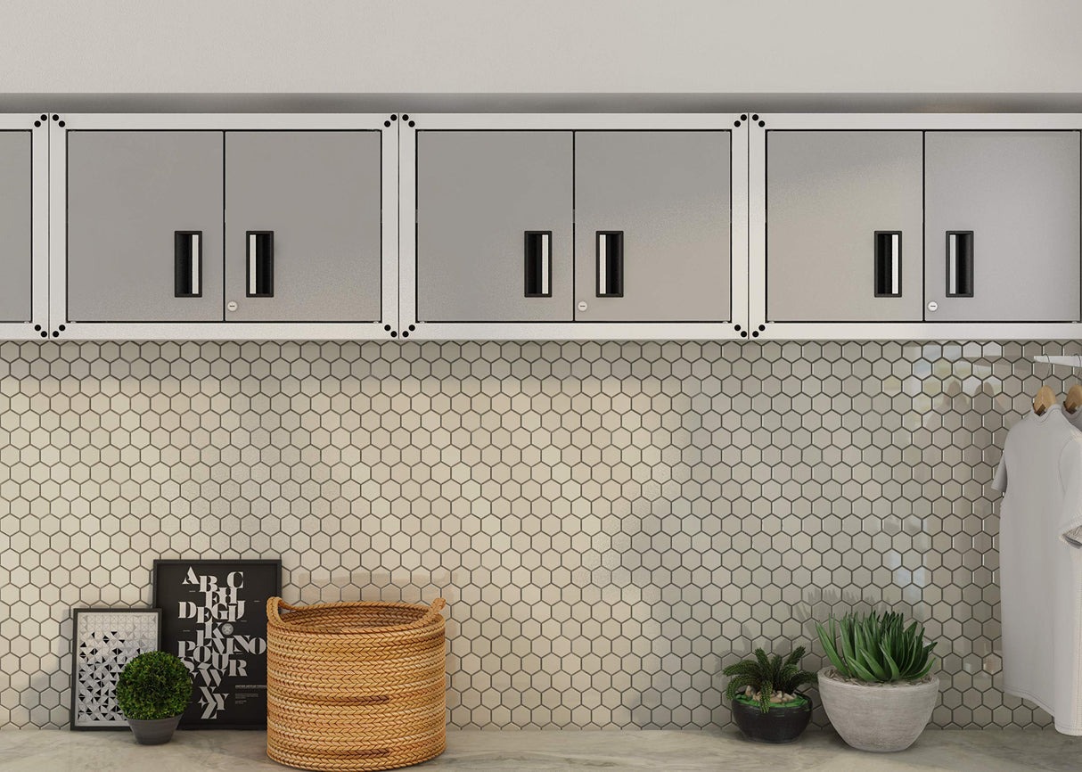 itbe Ready-to-Assemble Floating Garage Storage Cabinet - Wall Mount Garage Cabinet w/Lockable 2 Doors, 44 lbs Shelf Capacity, Removable Shelf, Small Steel Metal Cabinet (White and Grey) itbe