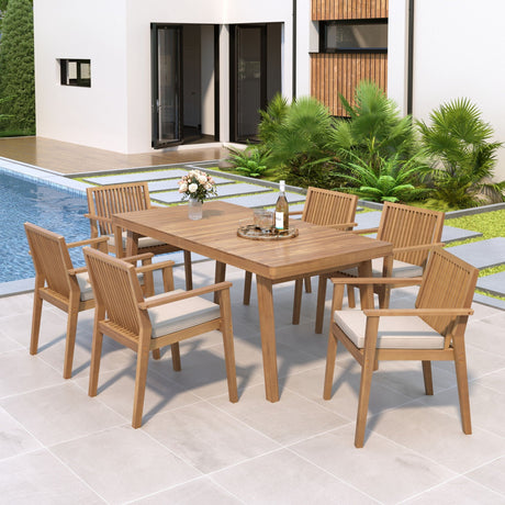 7 Piece Patio Furniture Set Acacia Wood Table And 6 Cushioned Chairs HouseOfZazla