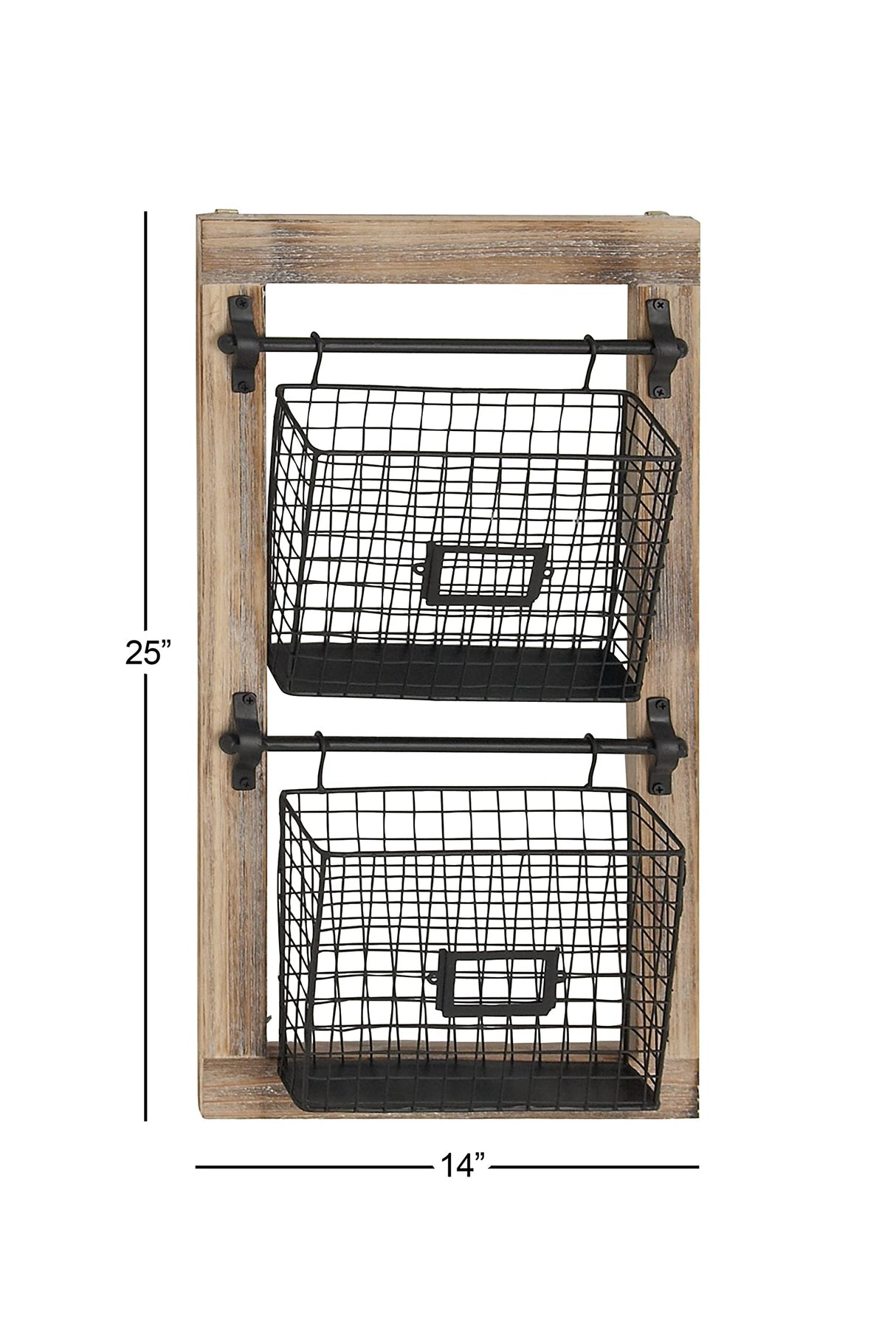 Deco 79 Wood Rectangle Magazine Rack Holder with Suspended Baskets and Label Slot, 14" x 4" x 25", Black Deco 79