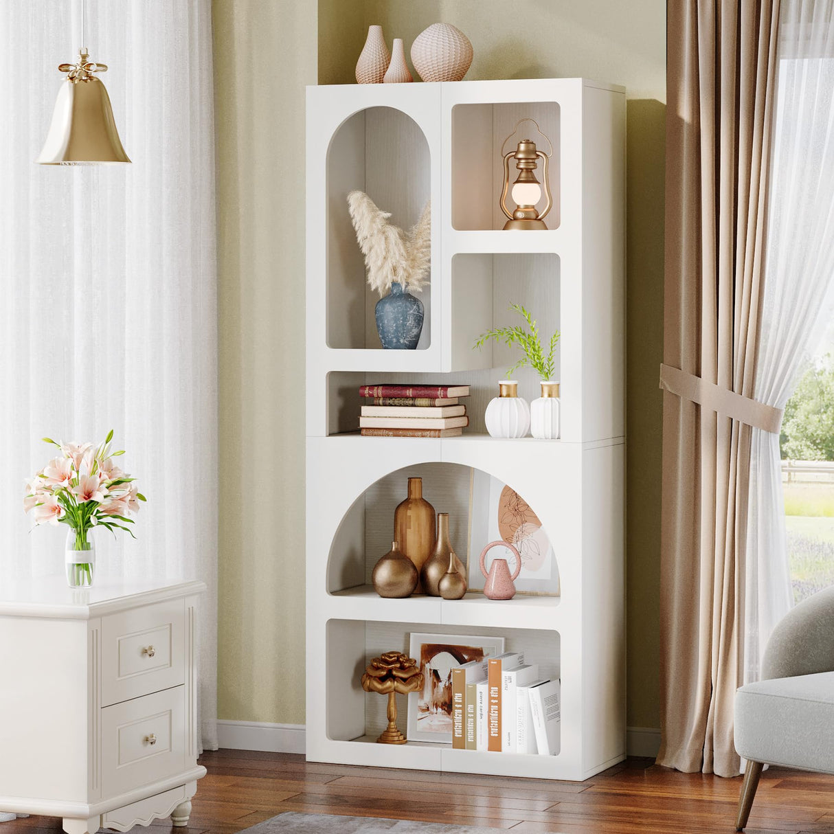 Tribesigns 70.87" Tall Geometric Bookshelf, White Arched Bookcase with 5 Irregular Storage Shelves, Modern Open Art Decor Display Shelf Free-Standing for Living Room, Bedroom, Closet Tribesigns