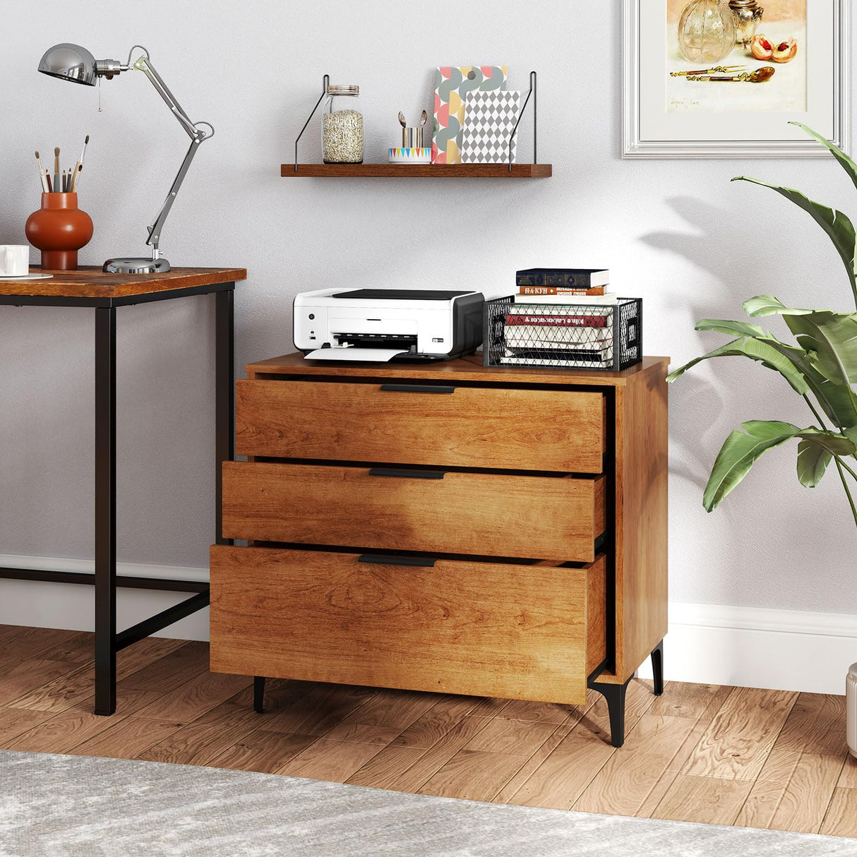 Giantex 3-Drawer Dresser for Bedroom, Multipurpose Chest of Drawers, Mid-Century Modern Storage Cabinet with Anti-Tip Kit, Clothes Organizer, 30”W Nightstand for Closet, Living Room, Entryway, Cherry Giantex